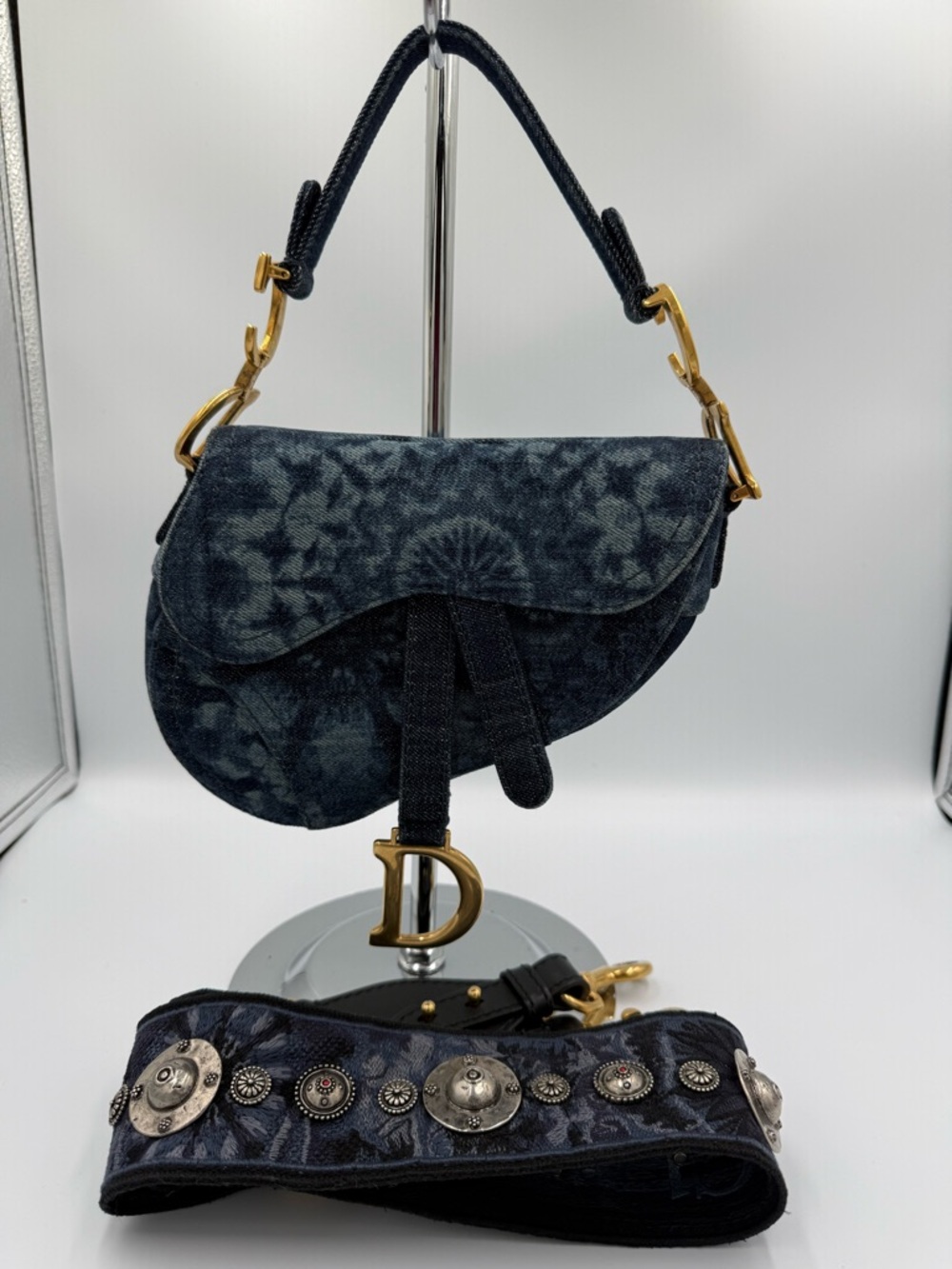 Dior Navy Denim Tie Dyed Saddle Mini Bag with Gold D Charm and Strap